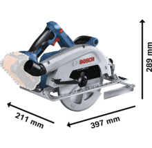 Bosch Akku-Handkreissäge mit den Maßen 211 mm x 397 mm x 289 mm
