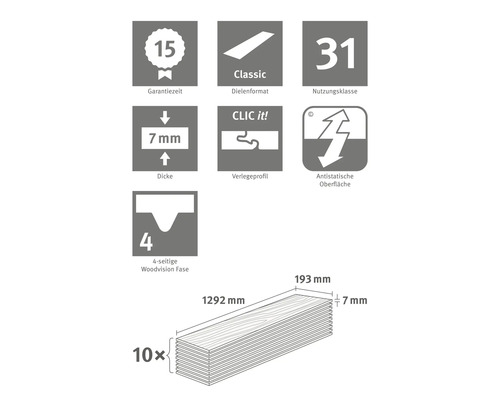 Informationen zu Garantiezeit, Dielenformat, Nutzungsklasse, Dicke, Verlegeprofil, antistatischer Oberfläche und Fase des Produkts
