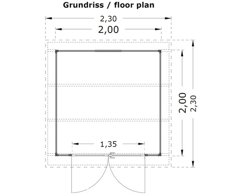 Grundriss mit Abmessungen 2,30 mal 2,30 Meter