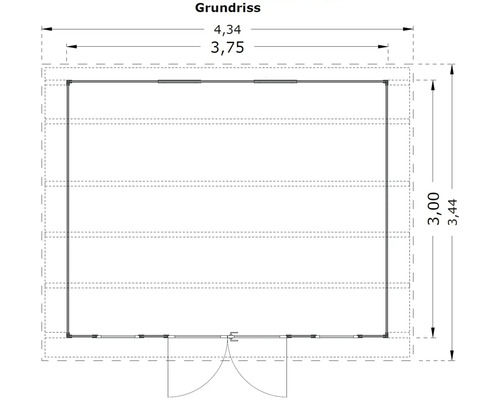 Grundrisszeichnung eines Gartenhauses mit Maßangaben