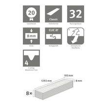 Informationen zu Garantiezeit, Dielenformat, Nutzungsklasse, Dicke, Verlegeprofil, Antistatischer Oberfläche und Woodvision Fase des Produkts