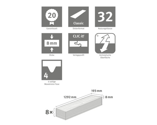 Informationen zu Garantiezeit, Dielenformat, Nutzungsklasse, Dicke, Verlegeprofil, Antistatischer Oberfläche und Woodvision Fase