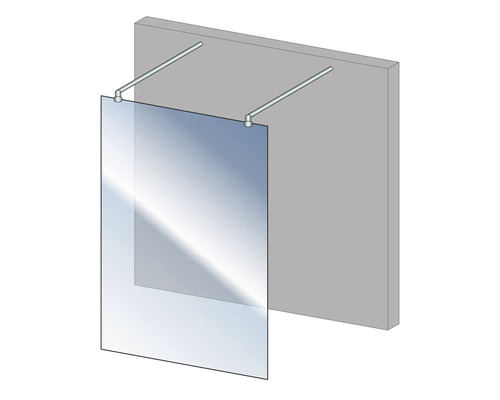 Duschwand aus Glas mit Haltestangen zur Wandbefestigung.