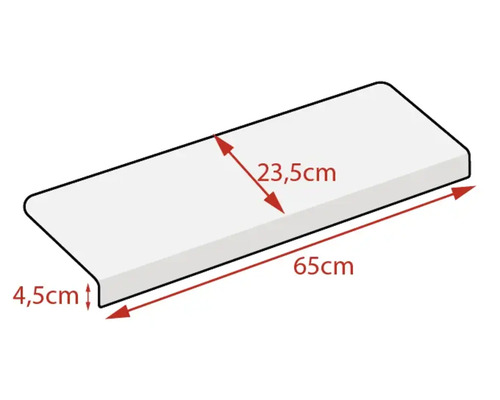 Fensterbank mit den Maßen 65 Zentimeter Länge, 23,5 Zentimeter Breite und 4,5 Zentimeter Höhe