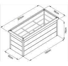 Technische Zeichnung eines Hochbeets mit Maßangaben.