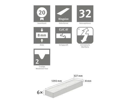 Informationen zu Garantiezeit, Dielenformat, Nutzungsklasse, Dicke, Verlegeprofil, antistatischer Oberfläche und Fase des Produkts.