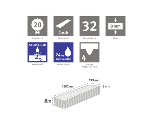 Informationen zu Laminat: Garantiezeit 20 Jahre, Dielenformat Classic, Nutzungsklasse 32, Dicke 8 mm, Aqua CLIC it Verlegeprofil, 24 Stunden wasserresistent, 4-seitige Woodvision Fase, Maße 1292 x 193 x 8 mm