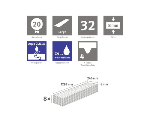 Produktmerkmale: 20 Jahre Garantiezeit, großes Dielenformat, Nutzungsklasse 32, 8 mm Dicke, Aqua Clic it Verlegeprofil, 24 Stunden wasserresistent, vierseitige Woodvision Fase, Maße 1292 mal 246 mal 8 Millimeter