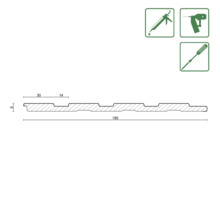 Technische Zeichnung einer Profilholzleiste mit Maßangaben und Symbolen für Befestigungsmethoden.