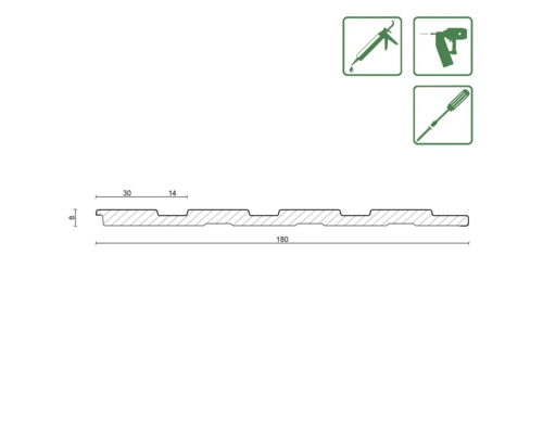 Technische Zeichnung einer Profilholzleiste mit Maßangaben und Symbolen für Befestigungsmethoden.