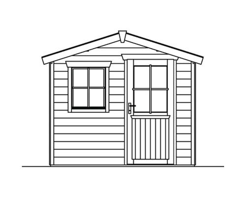 Zeichnung eines Gartenhauses mit Fenster und Tür