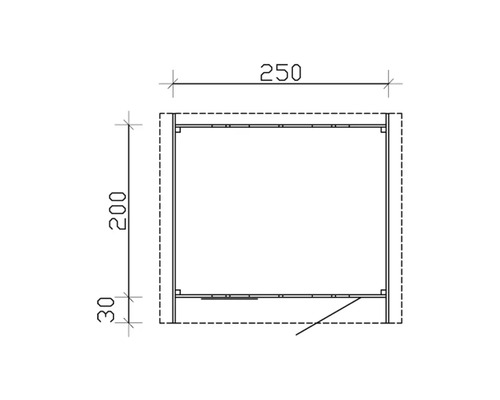 Technische Zeichnung eines Schranks mit den Maßen 250 x 200 x 30
