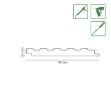 Diagramm einer Fassadenverkleidung mit den Maßen 12,1 Millimeter und 118 Millimeter, inklusive Werkzeugsymbole