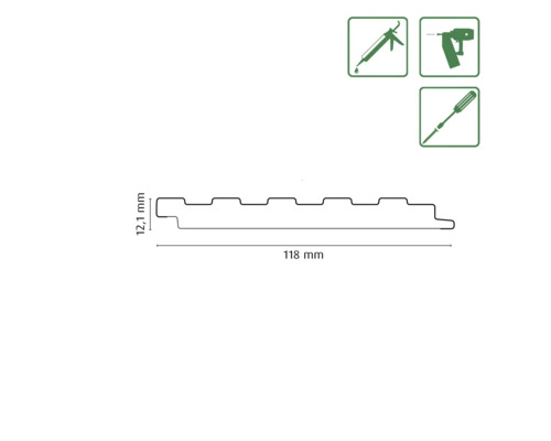 Diagramm einer Fassadenverkleidung mit den Maßen 12,1 Millimeter und 118 Millimeter, inklusive Werkzeugsymbole