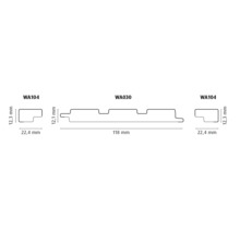 Technische Zeichnung von Wandpaneelen mit den Maßen WA104 und WA030.