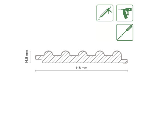 Profilbrett Querschnitt mit Maßangaben 118 mm Breite und 14,5 mm Höhe