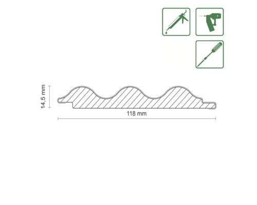 Profilbrett Illustration mit Maßangaben 118 mm Länge und 14,5 mm Höhe