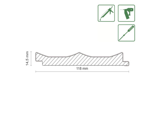 Profilleiste Querschnitt mit Maßangaben 118 mm Breite und 14,5 mm Höhe