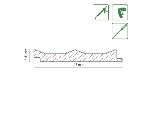 Profilleiste Querschnitt mit Maßangaben 14,5 mm und 118 mm