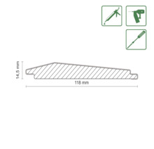 Technische Zeichnung eines Profils mit Maßen 118 Millimeter und 14,5 Millimeter, sowie Symbole für Montage mit Dichtstoffpistole, Nagelgerät oder Schrauben