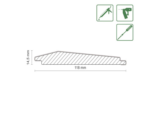 Technische Zeichnung eines Profils mit Maßen 118 Millimeter und 14,5 Millimeter, sowie Symbole für Montage mit Dichtstoffpistole, Nagelgerät oder Schrauben