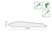Profilbrett-Schnittansicht mit Maßangaben 118 mm Breite und 14,5 mm Höhe