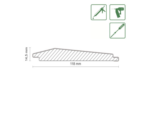 Profilbrett-Schnittansicht mit Maßangaben 118 mm Breite und 14,5 mm Höhe