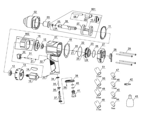 Explosionszeichnung eines Schlagschraubers mit Einzelteilen