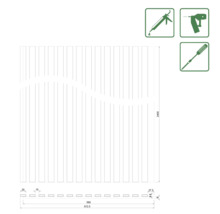 Technische Zeichnung eines Zaunelements mit Maßangaben und Symbolen zur Montage.