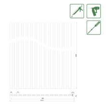 Technische Zeichnung eines Zauns mit Maßangaben und Werkzeugsymbolen.