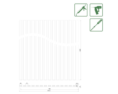 Technische Zeichnung eines Zauns mit Maßangaben und Werkzeugsymbolen.