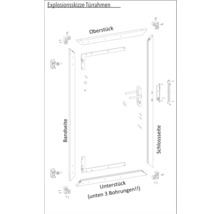 Explosionszeichnung eines Türrahmens mit Oberteil, Unterteil, Bandseite und Schlossseite