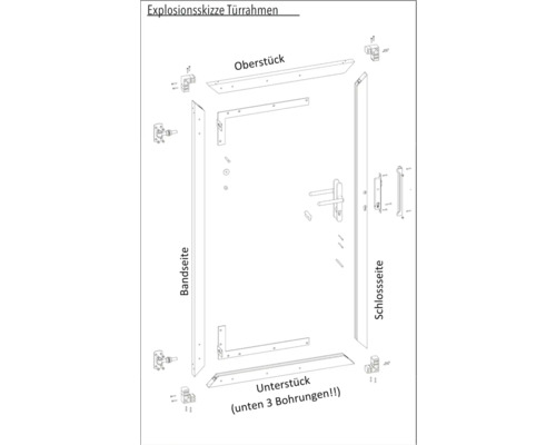 Explosionszeichnung eines Türrahmens mit Oberteil, Unterteil, Bandseite und Schlossseite