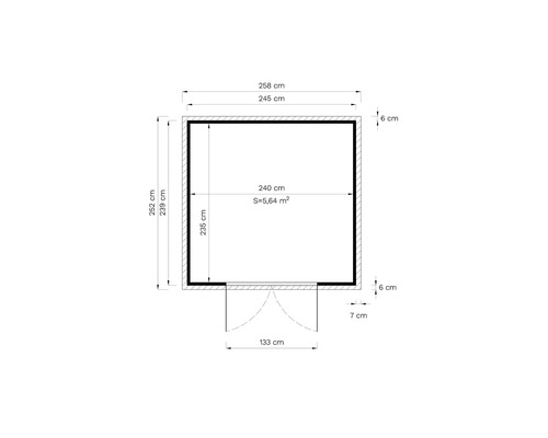 Grundrisszeichnung eines Gartenhauses mit den Maßen 258 mal 252 Zentimeter