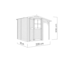 Illustration eines Gartenhauses mit den Maßen 229 Zentimeter Breite, 202 Zentimeter Tiefe und 206 Zentimeter Höhe.