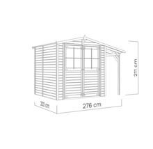Illustration eines Gartenhauses mit Vordach und Maßangaben