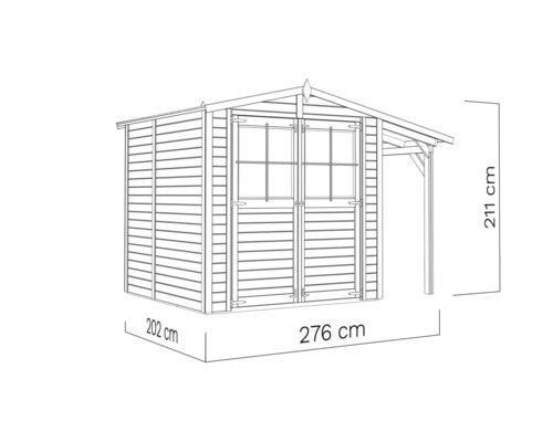 Illustration eines Gartenhauses mit Vordach und Maßangaben