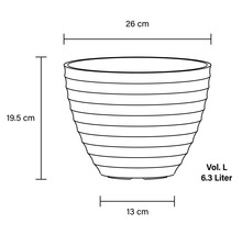 Technische Zeichnung eines Pflanzgefäßes mit den Maßen 26 cm breit, 19,5 cm hoch und 13 cm tief, Volumen 6,3 Liter