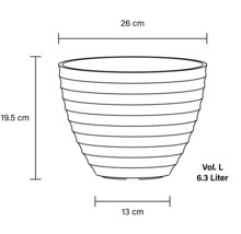 Technische Zeichnung eines Pflanzgefäßes mit den Maßen 26 Zentimeter breit, 19,5 Zentimeter hoch und einem Volumen von 6,3 Litern