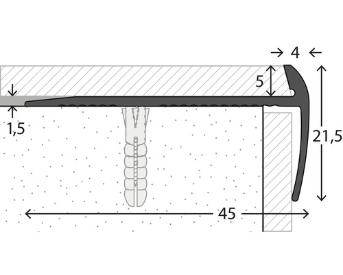Skizze eines Treppenkantenprofils mit Maßen und Dübel