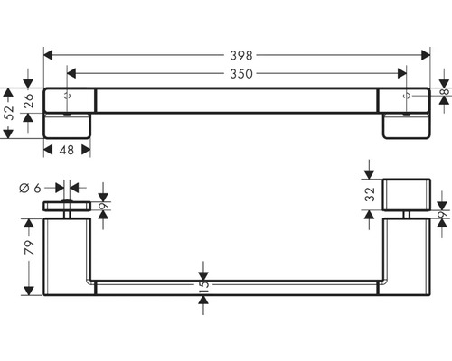 Technische Zeichnung eines Handtuchhalters mit Maßangaben.