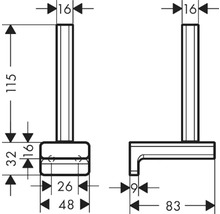 Technische Zeichnung eines Toilettenpapierhalters mit Maßangaben
