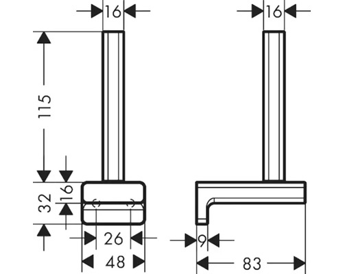 Technische Zeichnung eines Toilettenpapierhalters mit Maßangaben