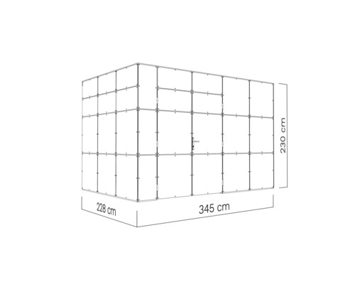 Darstellung eines Gerätehauses mit den Maßen 345 cm mal 228 cm mal 230 cm.