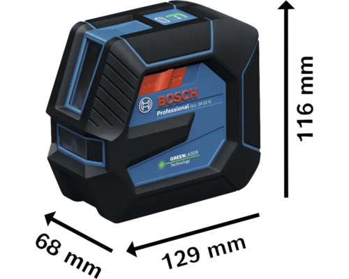 Bosch Logo. Bosch GLL 20-22 G Professional Kreuzlinienlaser mit den Massen 116 x 68 x 129 mm.