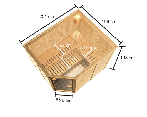 Innenansicht einer Holzsauna mit Abmessungen