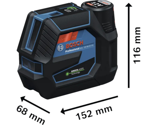 Bosch Professional GCL 12V-50-22 CG Kombinationslaser mit den Maßen 152 mm Länge, 68 mm Breite und 116 mm Höhe.