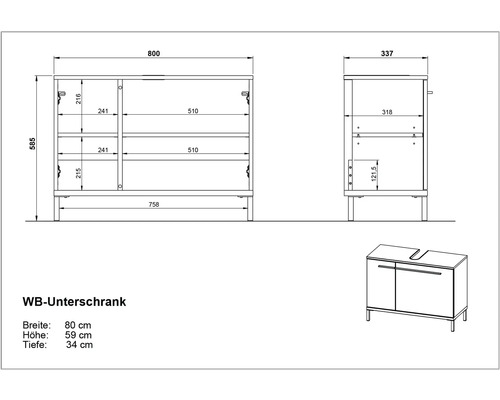 Technische Zeichnung eines Waschtischunterschranks mit Maßangaben