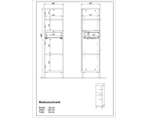 Technische Zeichnung eines Hochschranks mit Maßen