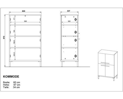 Technische Zeichnung einer Kommode mit Breiten-, Höhen- und Tiefenangaben